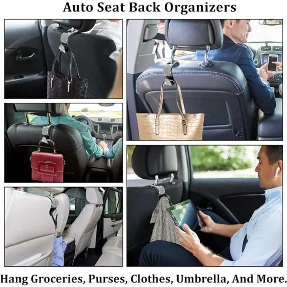Car Seat Hooks (2 Pack) Bling Rhinestones Crystal Hanger Organizer Universal